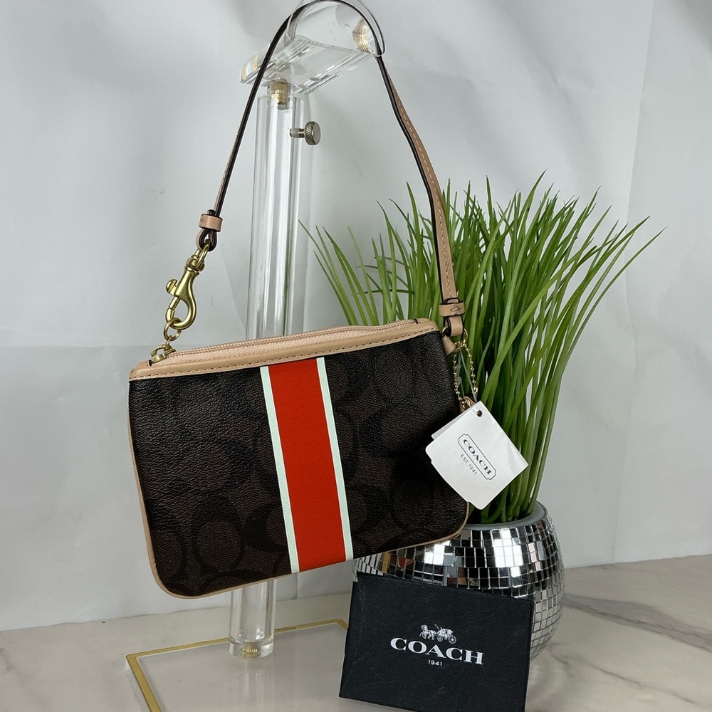 New Coach Signature Brown Vermillion Wristlet Bag with Red White Stripe‎ - Picture 5 of 10